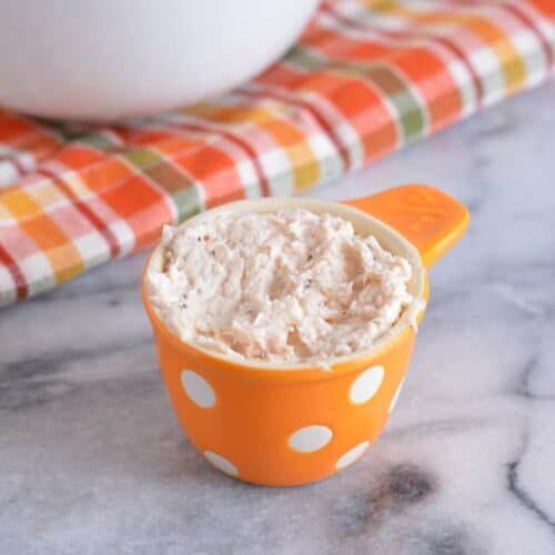 Pureed Chicken Salad in an orange and white measuring cup.