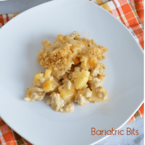 Creamy Chicken casserole with squash and apples on a white plate.