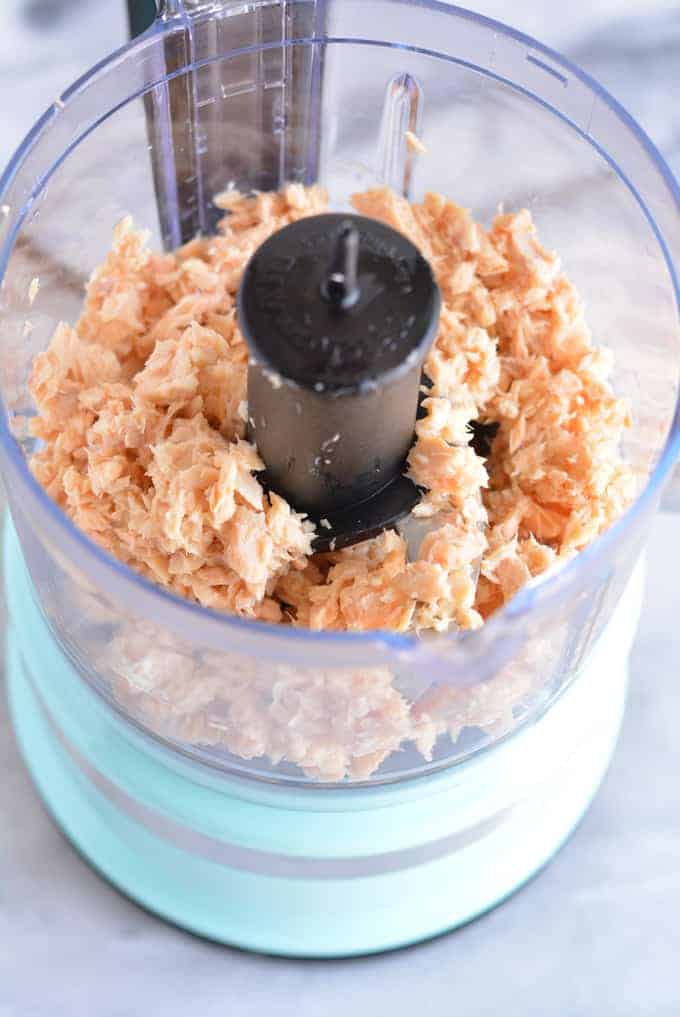 Canned salmon in a food processor. 